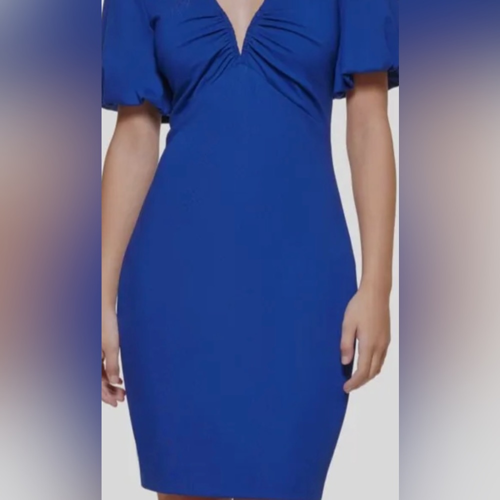 Guess Womens Blue Ponte-Knit V-Neck Short Sleeve Sheath Dress